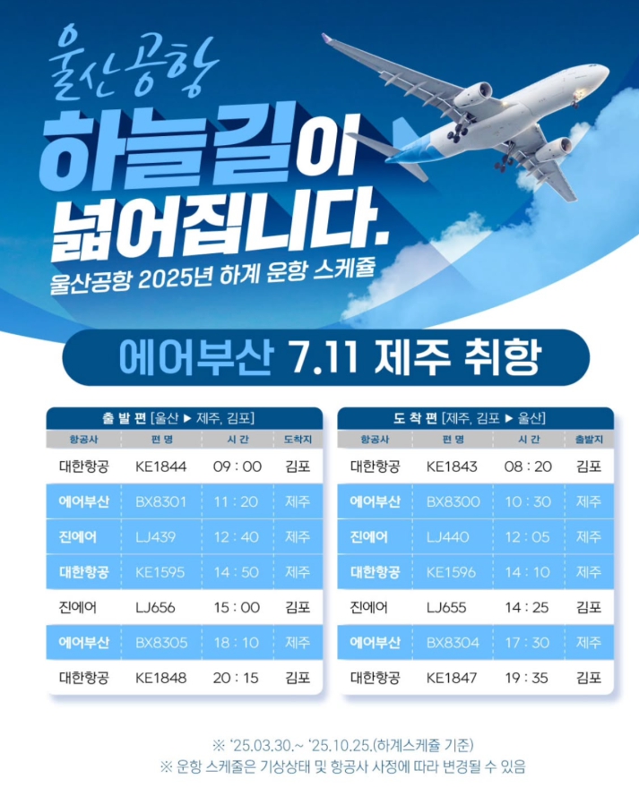 울산공항에서 제주도 더 가까워진다! 2025 하계 운항 스케줄 & 에어부산 신규 취항 안내